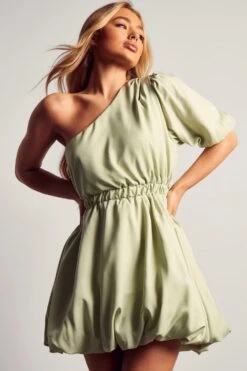 One Shoulder Puffball Mini Dress -Dress Sales Store mint one shoulder puffball mini dress 3
