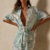 Wave Print Drape Front Plunge Shirt Dress -Dress Sales Store mint wave print drape front plunge shirt dress
