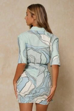Wave Print Drape Front Plunge Shirt Dress -Dress Sales Store mint wave print drape front plunge shirt dress 3