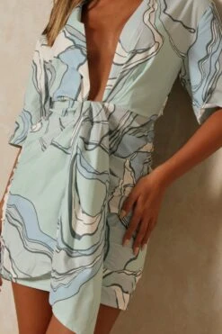 Wave Print Drape Front Plunge Shirt Dress -Dress Sales Store mint wave print drape front plunge shirt dress 4