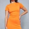Premium Ribbed Short Sleeve Mini Dress -Dress Sales Store orange premium ribbed short sleeve mini dress