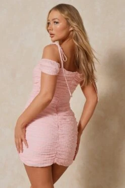 Dobby Mesh Ruched Off The Shoulder Dress -Dress Sales Store pink dobby mesh ruched off the shoulder dress 2