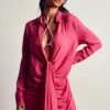 Linen Look Draped Shirt Dress -Dress Sales Store pink linen look draped shirt dress