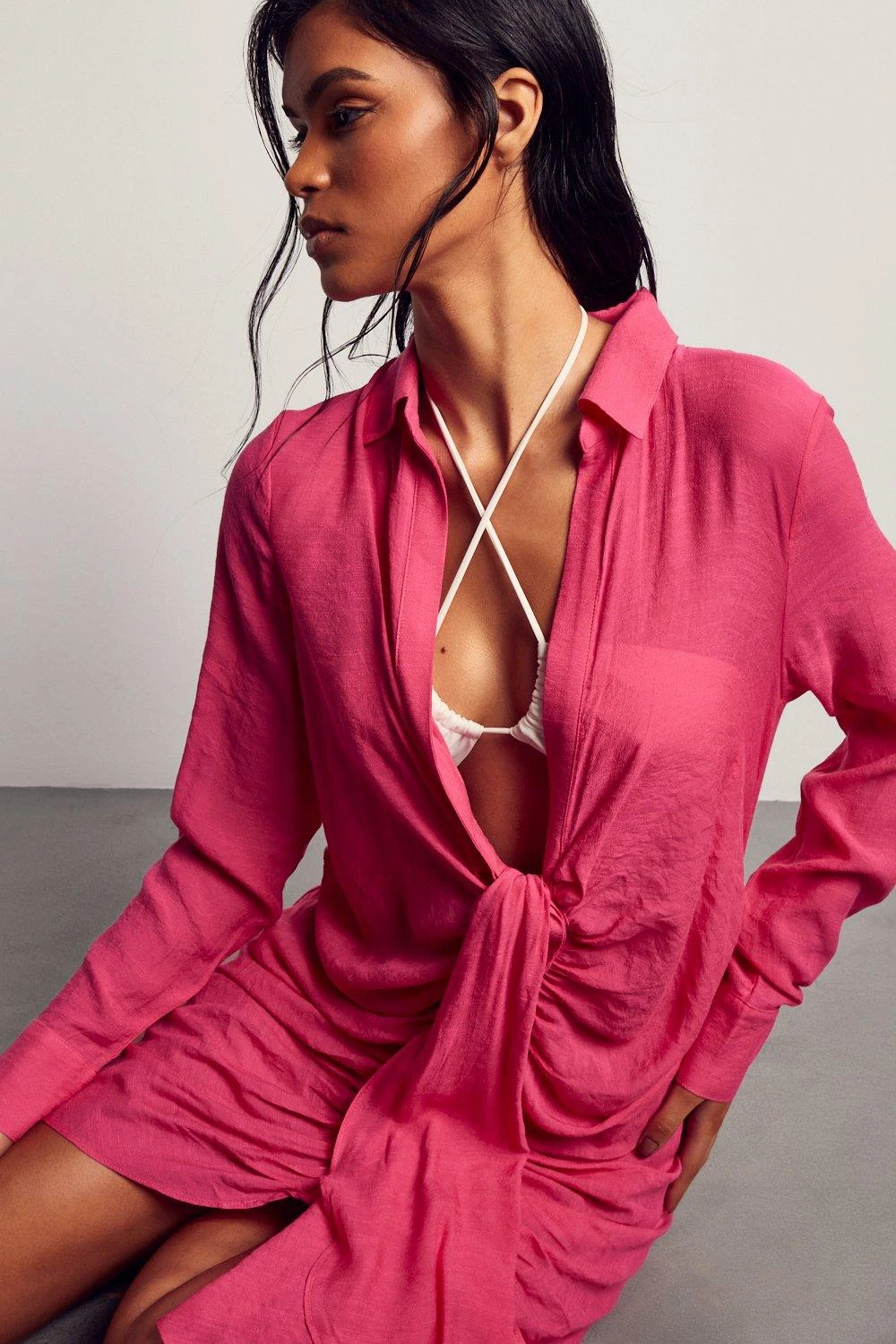 Linen Look Draped Shirt Dress 4 Linen Look Draped Shirt Dress - Image 2