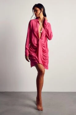 Linen Look Draped Shirt Dress 10 Linen Look Draped Shirt Dress -Dress Sales Store pink linen look draped shirt dress 1 3