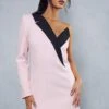 One Shoulder Contrast Tailored Blazer Dress -Dress Sales Store pink one shoulder contrast tailored blazer dress