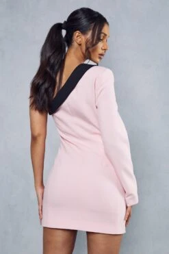 One Shoulder Contrast Tailored Blazer Dress -Dress Sales Store pink one shoulder contrast tailored blazer dress 2