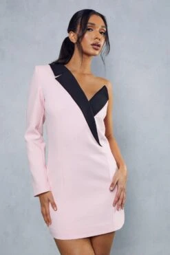 One Shoulder Contrast Tailored Blazer Dress
