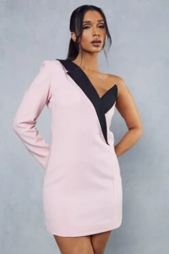 One Shoulder Contrast Tailored Blazer Dress -Dress Sales Store pink one shoulder contrast tailored blazer dress 4