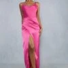 Premium Satin Diamante Strap Split Leg Maxi Dress