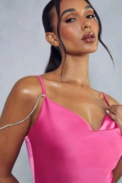 Premium Satin Diamante Strap Split Leg Maxi Dress -Dress Sales Store pink premium satin diamante strap split leg maxi dress 4