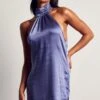 Satin Halterneck Cowl Back Mini Dress -Dress Sales Store purple satin halterneck cowl back mini dress