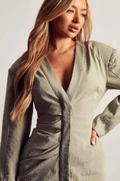 Linen Look Cut Out Shoulder Pad Dress -Dress Sales Store sage linen look cut out shoulder pad dress 1