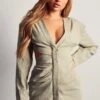 Linen Look Cut Out Shoulder Pad Dress -Dress Sales Store sage linen look cut out shoulder pad dress