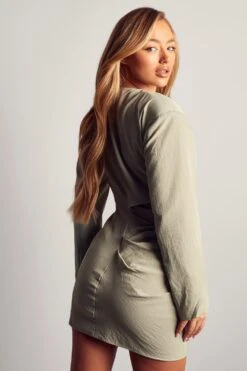 Linen Look Cut Out Shoulder Pad Dress -Dress Sales Store sage linen look cut out shoulder pad dress 2