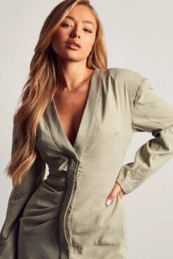 Linen Look Cut Out Shoulder Pad Dress -Dress Sales Store sage linen look cut out shoulder pad dress 4