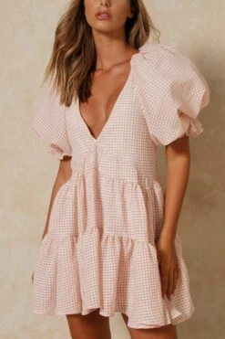 Check Extreme Puff Sleeve Smock Dess -Dress Sales Store stone check extreme puff sleeve smock dess 2