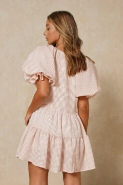 Check Extreme Puff Sleeve Smock Dess -Dress Sales Store stone check extreme puff sleeve smock dess 3