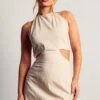 Linen Look Halterneck Strappy Back Mini Dress -Dress Sales Store stone linen look halterneck strappy back mini dress