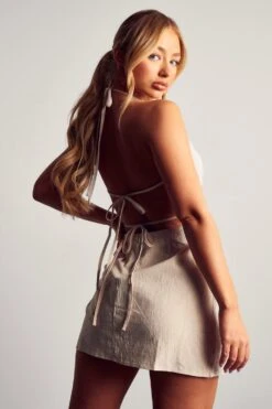 Linen Look Halterneck Strappy Back Mini Dress -Dress Sales Store stone linen look halterneck strappy back mini dress 2