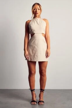 Linen Look Halterneck Strappy Back Mini Dress -Dress Sales Store stone linen look halterneck strappy back mini dress 3