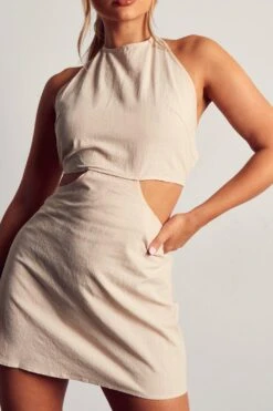 Linen Look Halterneck Strappy Back Mini Dress -Dress Sales Store stone linen look halterneck strappy back mini dress 4