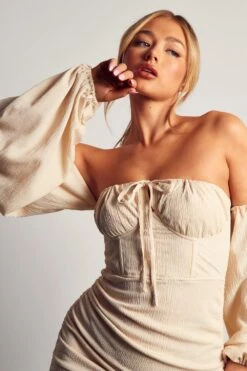 Linen Look Puff Sleeve Ruched Detail Mini Dress -Dress Sales Store stone linen look puff sleeve ruched detail mini dress 1