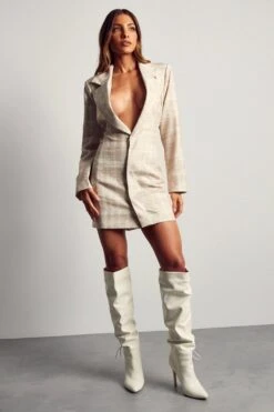 Open Back Checked Tailored Blazer Dress -Dress Sales Store stone open back checked tailored blazer dress 3