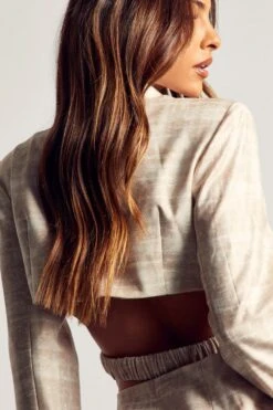 Open Back Checked Tailored Blazer Dress -Dress Sales Store stone open back checked tailored blazer dress 4