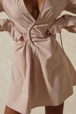 Poplin Ruched Corset Waist Shirt Dress -Dress Sales Store stone poplin ruched corset waist shirt dress 1