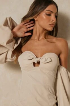 Poplin Tie Front Puff Sleeve Mini Dress -Dress Sales Store stone poplin tie front puff sleeve mini dress 3