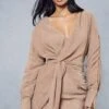 Textured Crinkle Twist Front Plunge Shirt Dress
