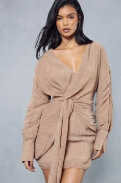 Textured Crinkle Twist Front Plunge Shirt Dress