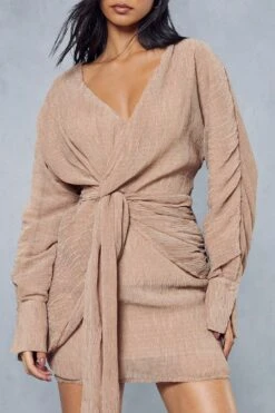 Textured Crinkle Twist Front Plunge Shirt Dress -Dress Sales Store stone textured crinkle twist front plunge shirt dress 3