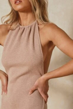 Knit Halter Neck Maxi Dress -Dress Sales Store taupe knit halter neck maxi dress 1