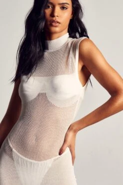 Fine Knit High Neck Sleeveless Maxi Dress -Dress Sales Store white fine knit high neck sleeveless maxi dress 2