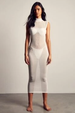 Fine Knit High Neck Sleeveless Maxi Dress -Dress Sales Store white fine knit high neck sleeveless maxi dress 4