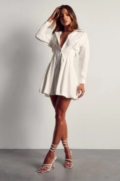 Lace Up Back Skater Shirt Dress -Dress Sales Store white lace up back skater shirt dress 3