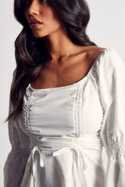 Poplin Ruched Front Long Sleeve Dress 9 Poplin Ruched Front Long Sleeve Dress -Dress Sales Store white poplin ruched front long sleeve dress 1