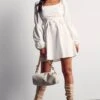 Poplin Ruched Front Long Sleeve Dress 1 Poplin Ruched Front Long Sleeve Dress -Dress Sales Store white poplin ruched front long sleeve dress