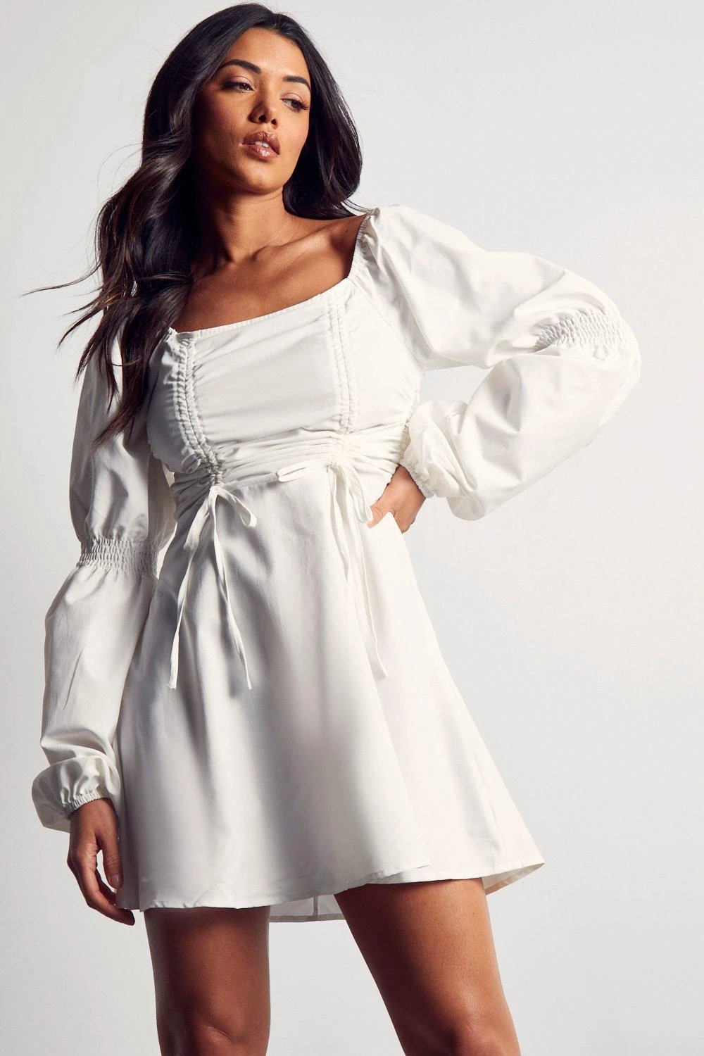 Poplin Ruched Front Long Sleeve Dress 7 Poplin Ruched Front Long Sleeve Dress - Image 5