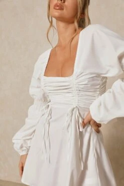 Poplin Ruched Front Long Sleeve Dress 13 Poplin Ruched Front Long Sleeve Dress -Dress Sales Store white poplin ruched front long sleeve dress 5