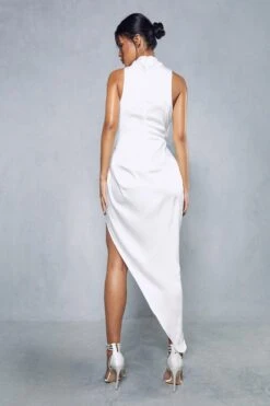 Premium Satin Grown On Neck Draped Midi Dress -Dress Sales Store white premium satin grown on neck draped midi dress 2