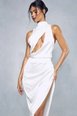 Premium Satin Grown On Neck Draped Midi Dress -Dress Sales Store white premium satin grown on neck draped midi dress 4