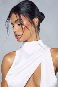 Premium Satin Grown On Neck Draped Midi Dress -Dress Sales Store white premium satin grown on neck draped midi dress 5