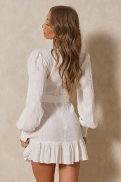 Textured Wrap Frill Mini Dress -Dress Sales Store white textured wrap frill mini dress 2