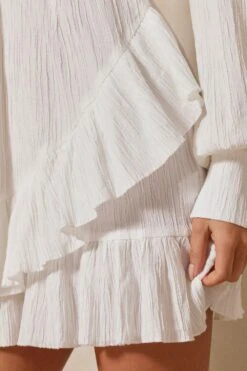 Textured Wrap Frill Mini Dress -Dress Sales Store white textured wrap frill mini dress 5
