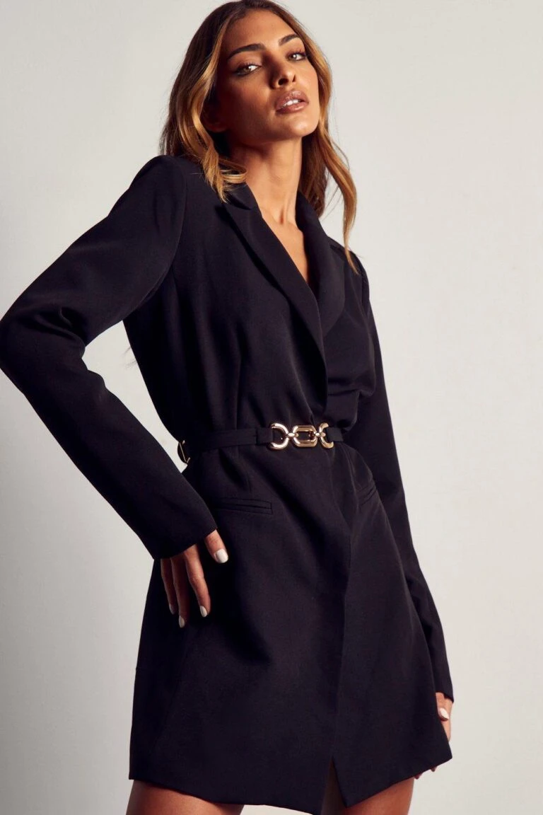 Front Page -Dress Sales Store black gold chain belt structured blazer dress 768x1152 1